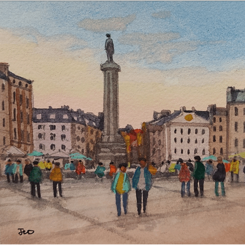 Gemälde Soir couchant sur la Grand Place von Decoudun Jean charles | Gemälde Figurativ Urban Aquarell