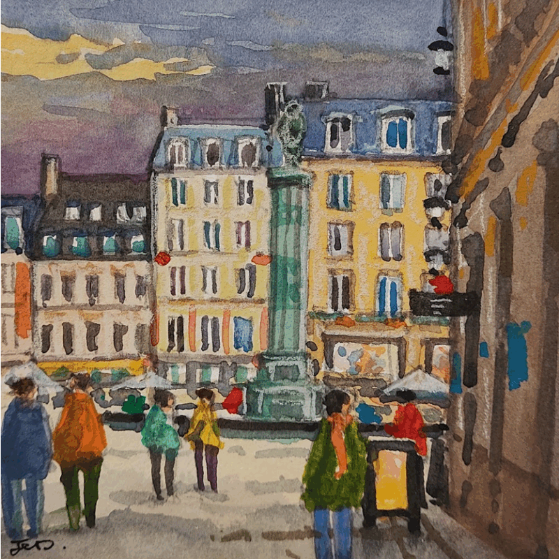 Gemälde Gros temps sur la Grand Place von Decoudun Jean charles | Gemälde Figurativ Urban Aquarell