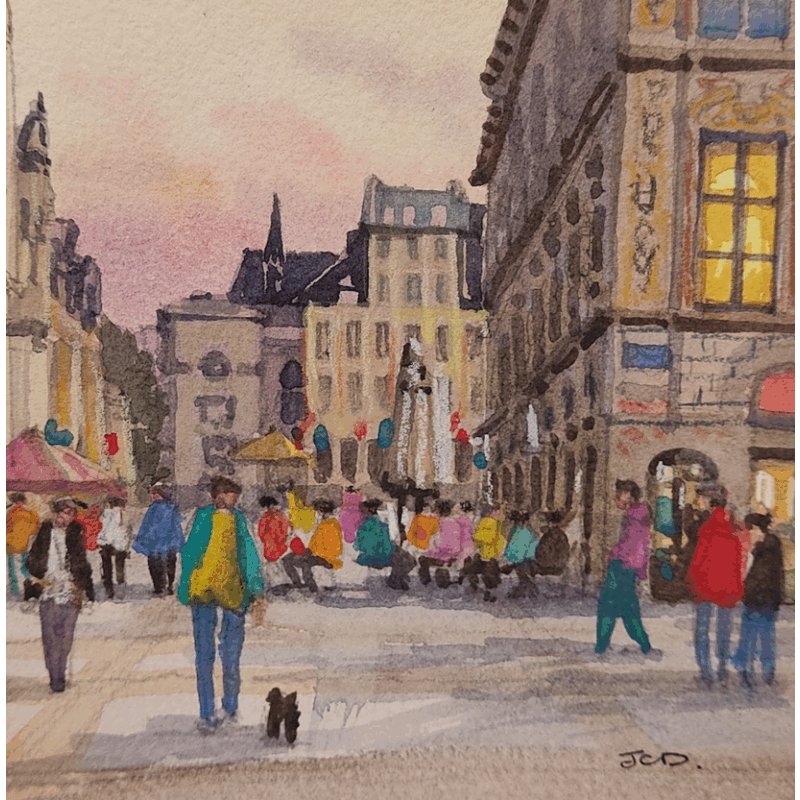 Peinture Lille en fin de journée par Decoudun Jean charles | Tableau Figuratif Urbain Aquarelle