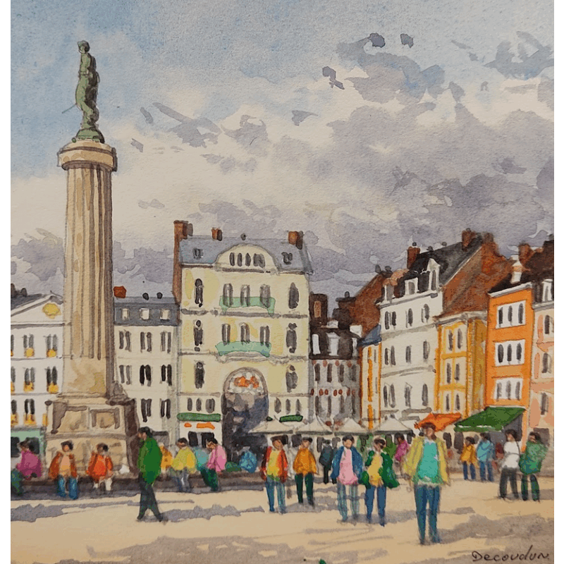 Gemälde Coup de vent à Lille von Decoudun Jean charles | Gemälde Figurativ Urban Aquarell
