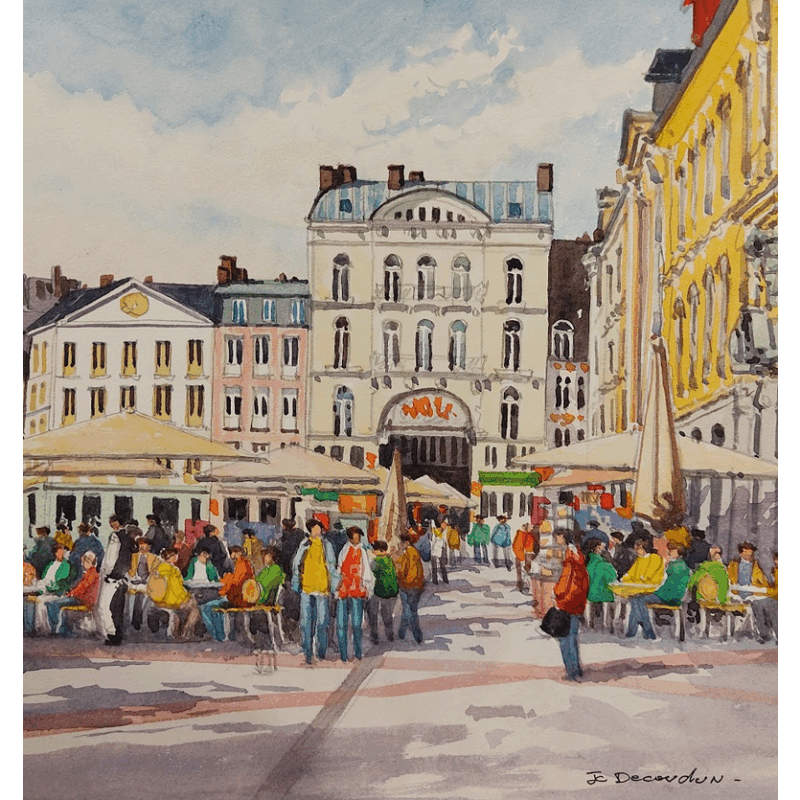 Gemälde Vivre à Lille von Decoudun Jean charles | Gemälde Figurativ Urban Aquarell