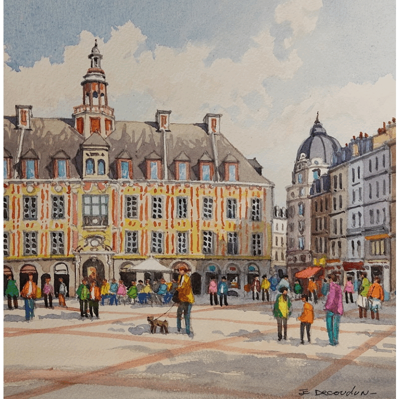 Gemälde Les enfants sur la Place à Lille  von Decoudun Jean charles | Gemälde Figurativ Urban Aquarell