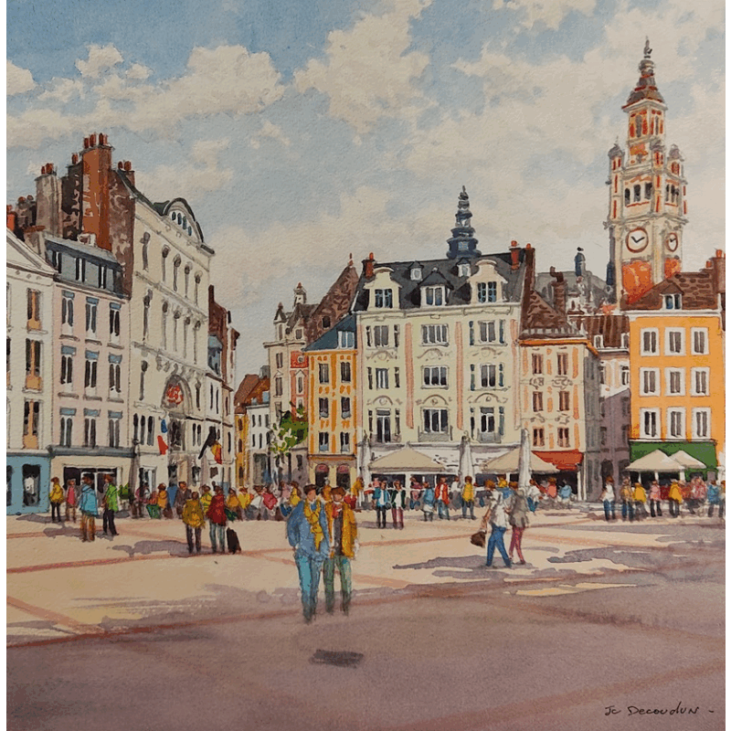 Gemälde La Grand Place de Lille von Decoudun Jean charles | Gemälde Figurativ Urban Aquarell