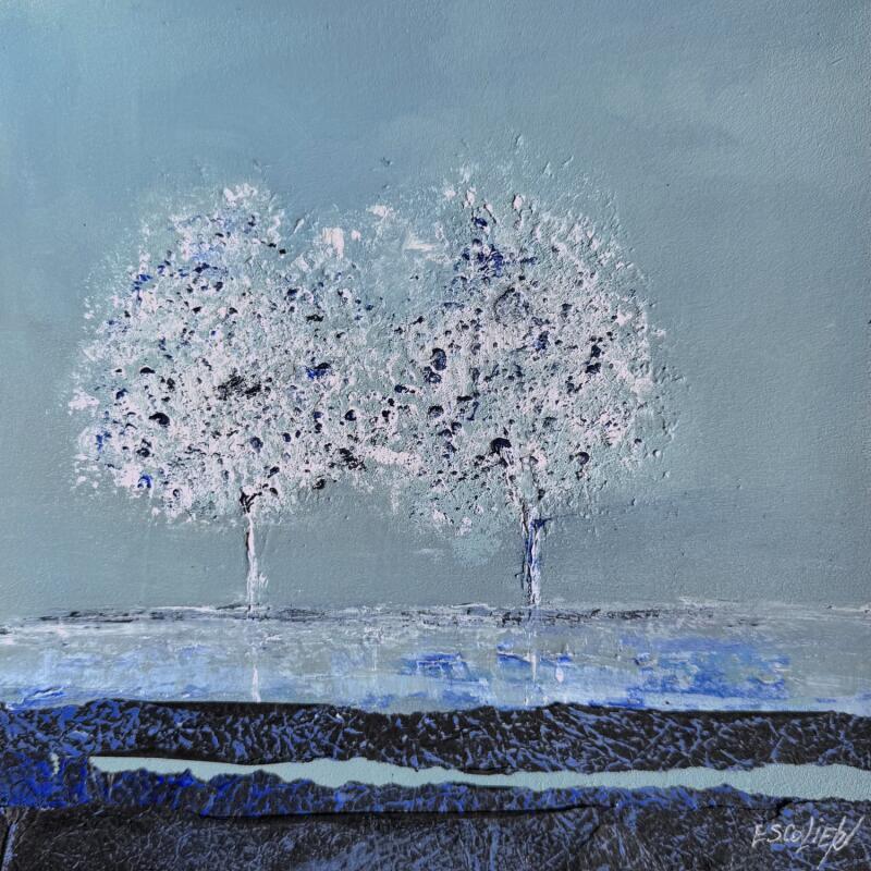 Peinture Douceur du rivage par Escolier Odile | Tableau Figuratif Paysages Nature Minimaliste Acrylique Collage Sable Upcycling Papier