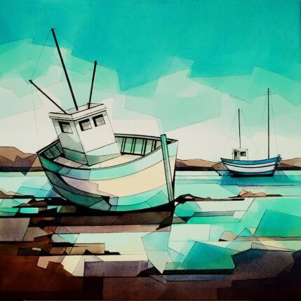 Peinture Bateaux à marée basse par Langlois Jean-Luc | Tableau Figuratif Aquarelle Marine