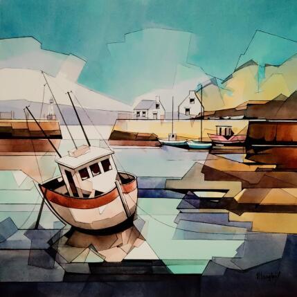 Painting Port en Bretagne by Langlois Jean-Luc | Painting Figurative Watercolor Marine