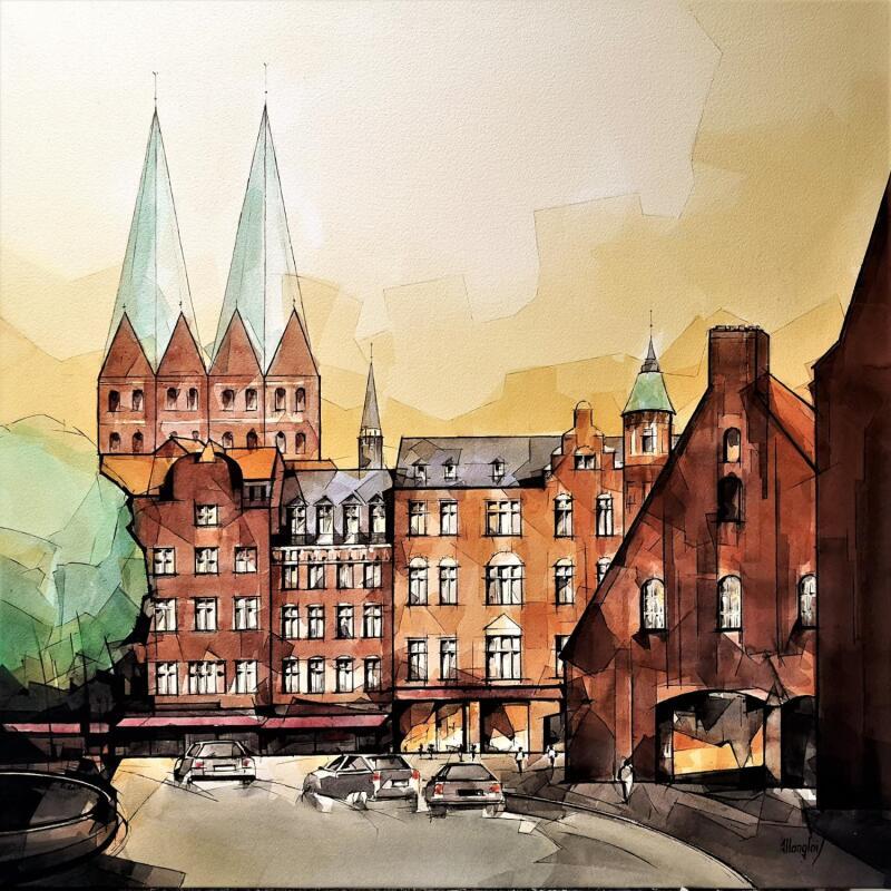 Gemälde LÜBECK en ALLEMAGNE von Langlois Jean-Luc | Gemälde Figurativ Urban Aquarell