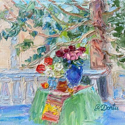 Peinture Le vase bleu avec des roses sur la terrasse  par Dontu Patricia | Tableau Figuratif Huile