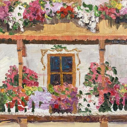 Peinture Le joli balcon aux fleurs multicolore par Dontu Patricia | Tableau Figuratif Huile