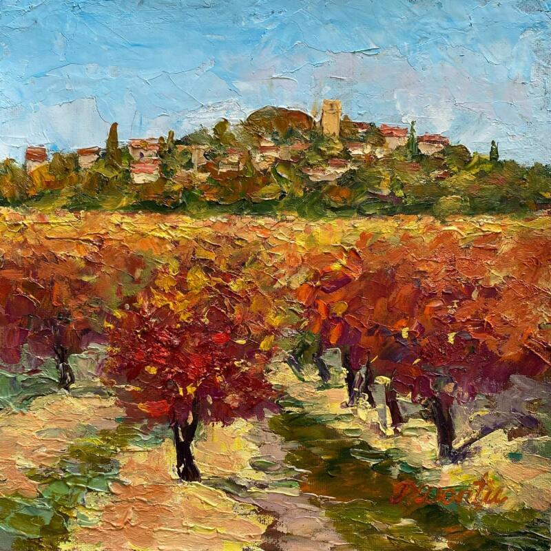 Peinture Les vignes en automne, village de Sancerre près de Bourges par Dontu Patricia | Tableau Figuratif Huile