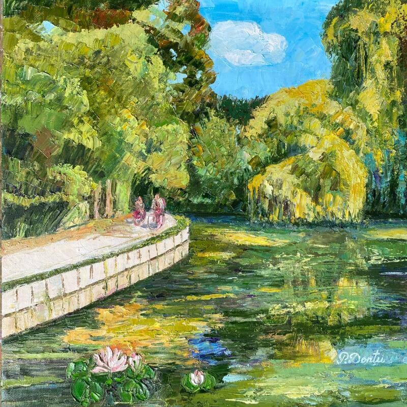 Painting La promenade en vélo. Les marais de Bourges.  by Dontu Patricia | Painting Figurative Oil