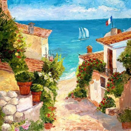 Peinture Vue vers la mer méditérrannée par Dontu Patricia | Tableau Figuratif Huile Marine, Nature, Paysages