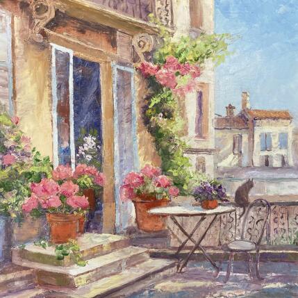 Peinture Les chats sur la terrasse fleurie par Dontu Patricia | Tableau Figuratif Huile