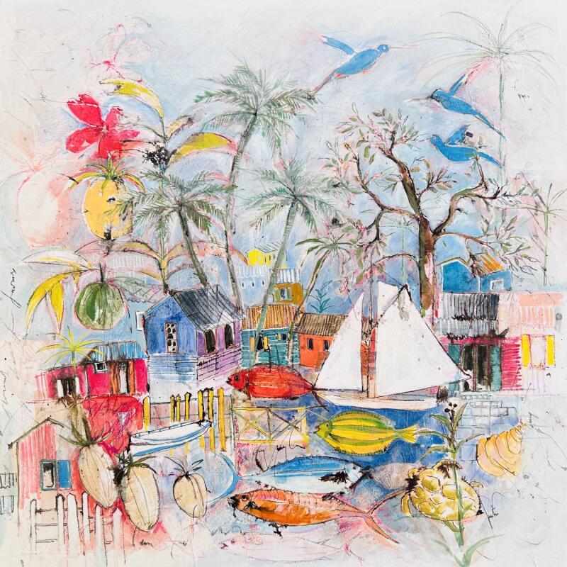 Peinture Les 3 colibris par Colombo Cécile | Tableau Art naïf Paysages Scènes de vie Nature Aquarelle Acrylique Collage Encre Pastel