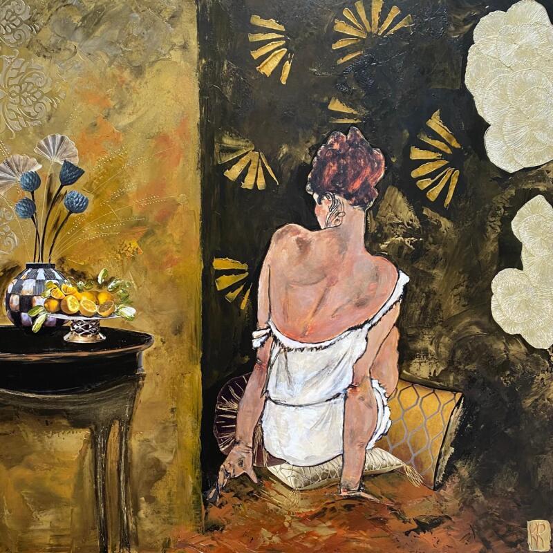 Peinture Enigma  par Romanelli Karine | Tableau Figuratif Scènes de vie Nu Acrylique Collage Posca Pastel Feuille d'or Papier