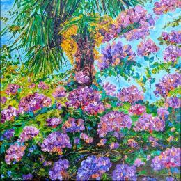 Peinture Fleurs de palmier et rhododendron  par Amblard Florence | Tableau Impressionnisme Acrylique Nature