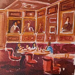 Peinture cafe d' époque a la ville  par De León Lévi Marcelo | Tableau Figuratif Aquarelle Urbain