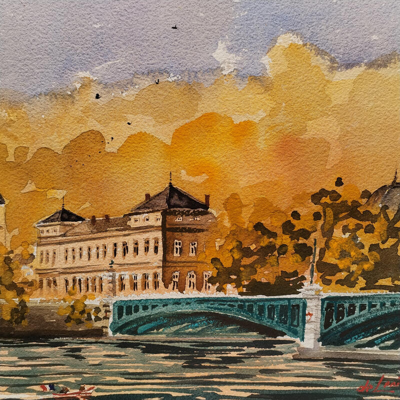 Pintura Université Lyon por De León Lévi Marcelo | Pintura Figurativo Urbano Acuarela