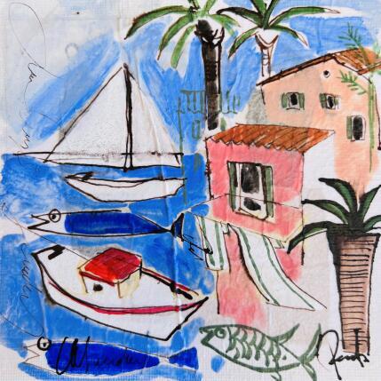 Peinture Barque de pêche par Colombo Cécile | Tableau Art naïf Acrylique, Aquarelle, Collage, Encre, Pastel Paysages, Scènes de vie