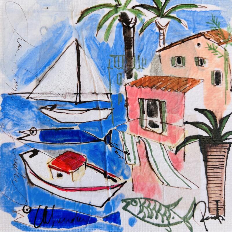 Peinture Barque de pêche par Colombo Cécile | Tableau Art naïf Paysages Scènes de vie Aquarelle Acrylique Collage Encre Pastel