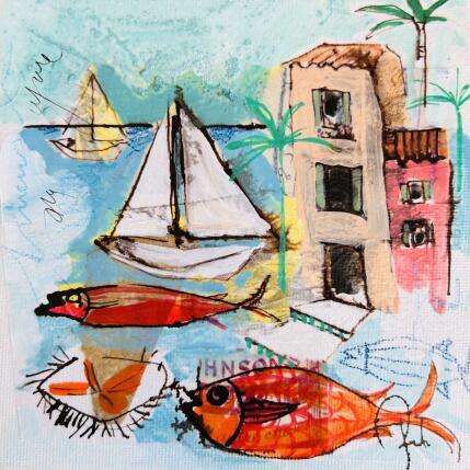 Peinture Rouget et oursin de Provence par Colombo Cécile | Tableau Art naïf Acrylique, Aquarelle, Collage, Encre, Pastel Nature, Paysages