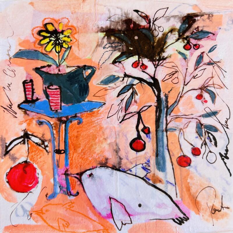 Painting Cerise et oiseau by Colombo Cécile | Painting Naive art Landscapes Watercolor Acrylic Gluing Ink Pastel
