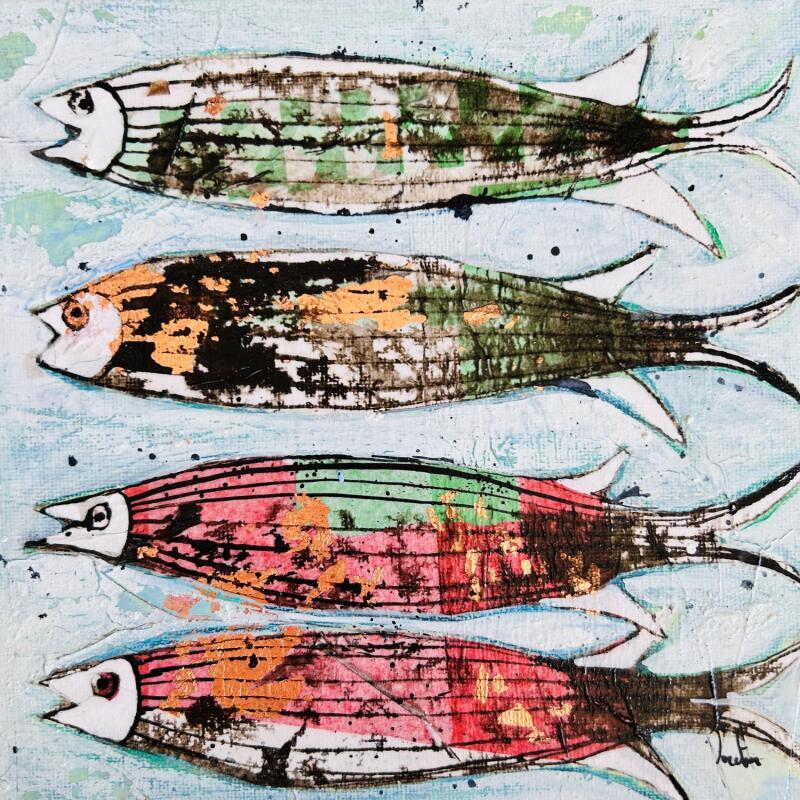 Gemälde Sardines dorées von Colombo Cécile | Gemälde Naive Kunst Tiere Aquarell Acryl Collage Tinte Pastell