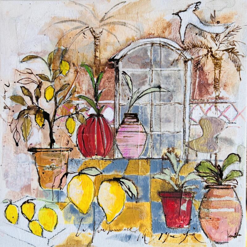 Peinture Citrons dorés  par Colombo Cécile | Tableau Art naïf Paysages Nature Scènes de vie Aquarelle Acrylique Collage Encre Pastel