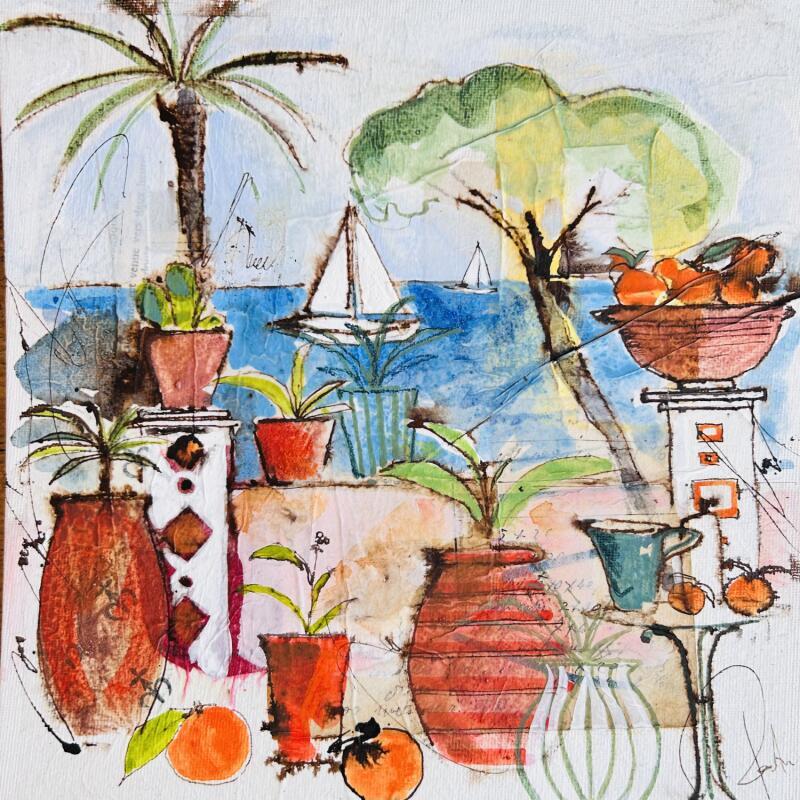 Gemälde Vue dégagée von Colombo Cécile | Gemälde Naive Kunst Landschaften Natur Alltagsszenen Aquarell Acryl Collage Tinte Pastell