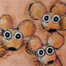 Peinture 3 souris roses par Maury Hervé | Tableau Art Singulier Acrylique, Encre, Pigments, Sable Animaux