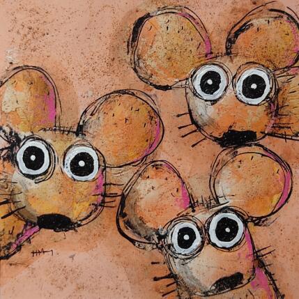 Peinture 3 souris roses par Maury Hervé | Tableau Art Singulier Acrylique, Encre, Pigments, Sable Animaux