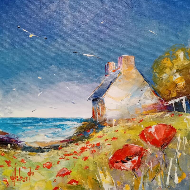 Gemälde Maison bretonne et coquelicots  von Hébert Franck | Gemälde Figurativ Landschaften Marine Öl