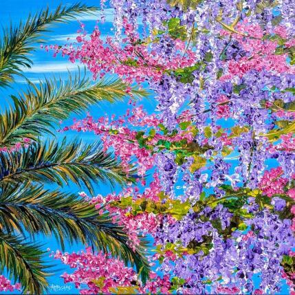 Peinture Lilas, palmier et fleurs de Judée par Amblard Florence | Tableau Impressionnisme Acrylique Nature