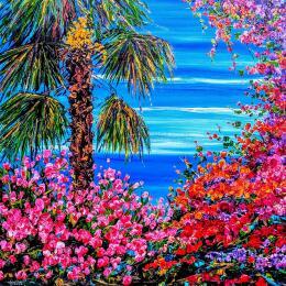 Painting Palmier, bougainvilliers, fleurs roses de laurier rose by Amblard Florence | Painting Impressionism Acrylic Nature