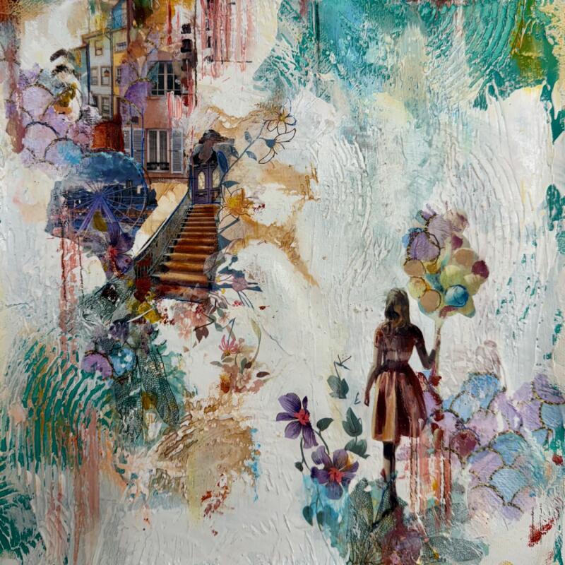 Painting J'arrive pour toi by Bergeron Marie-Josée | Painting Surrealism Acrylic Gluing Posca Pastel Paper