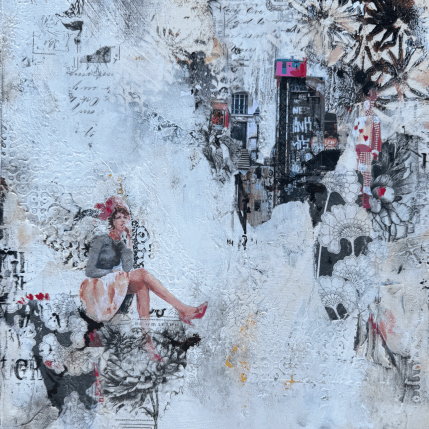 Painting Du haut des coeurs by Bergeron Marie-Josée | Painting Surrealism Acrylic, Gluing, Paper, Pastel, Posca