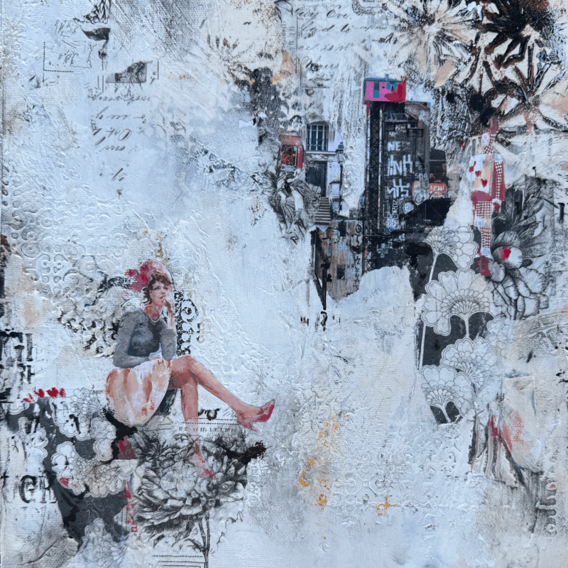 Painting Du haut des coeurs by Bergeron Marie-Josée | Painting Surrealism Acrylic Gluing Posca Pastel Paper