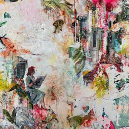 Painting La nouvelle en suspension by Bergeron Marie-Josée | Painting Surrealism Acrylic, Gluing, Paper, Pastel, Posca