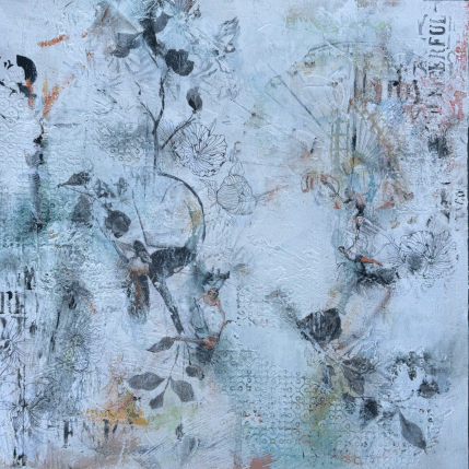 Painting La vie suspendue by Bergeron Marie-Josée | Painting Surrealism Acrylic, Gluing, Oil, Paper, Pastel, Posca, Textile