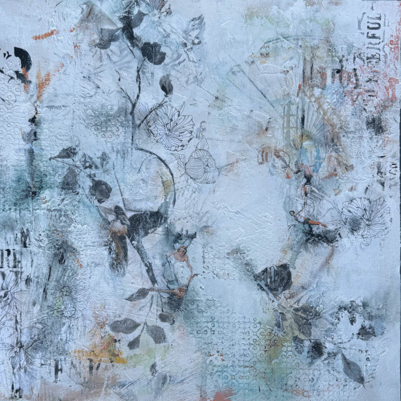 Painting La vie suspendue by Bergeron Marie-Josée | Painting Surrealism Oil Acrylic Gluing Posca Pastel Textile Paper