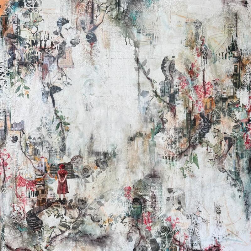 Peinture Les passages éphémères par Bergeron Marie-Josée | Tableau Surréalisme Acrylique Collage Posca Pastel Papier