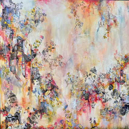 Painting Entre l'écho de la ville et la quiétude du jardin by Bergeron Marie-Josée | Painting Surrealism Acrylic, Gluing, Paper, Pastel, Posca