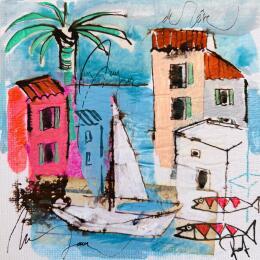 Peinture Vue sur la mer turquoise par Colombo Cécile | Tableau Art naïf Acrylique, Aquarelle, Collage, Encre, Pastel Nature, Paysages, Scènes de vie