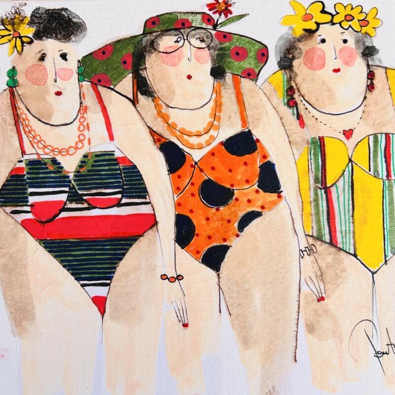 Painting Marguerite, Chantal, Yvette by Colombo Cécile | Painting Naive art Portrait Watercolor Acrylic Gluing Ink Pastel