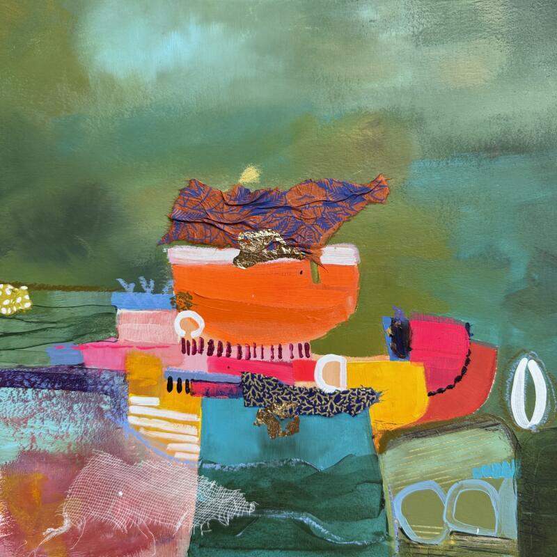 Gemälde Epopée de la pêche von Lau Blou | Gemälde Abstrakt Landschaften Pappe Acryl Collage Pastell Blattgold