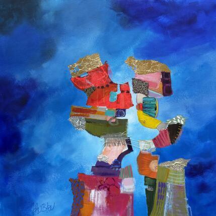 Painting Doux baiser by Lau Blou | Painting Abstract Acrylic, Cardboard, Gluing, Gold leaf, Pastel Portrait