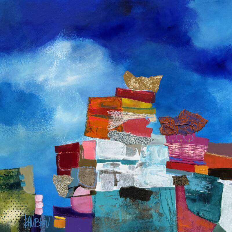 Painting Maisons sur l'eau by Lau Blou | Painting Abstract Landscapes Cardboard Acrylic Gluing Pastel Gold leaf