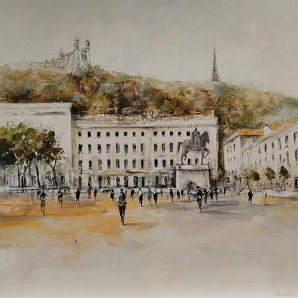 Gemälde La colline Lyonnaise et sa place Bellecour von Poumelin Richard | Gemälde Figurativ Öl