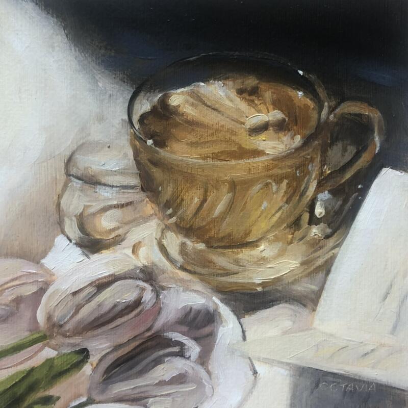 Painting Thé et tulipes by Sellier Octavia | Painting Figurative Still-life Oil