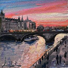 Painting Sunset on the Seine by Xanlar | Painting Impressionism Oil Architecture, Landscapes, Urban